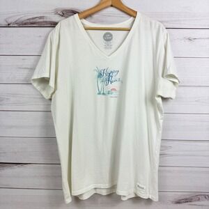 Life is Good Happy Hour Palm Tree Crusher Tee V Neck Womens 2XL Cotton Top